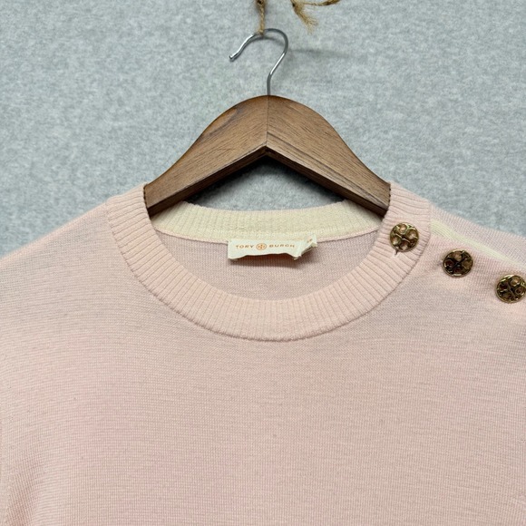 Tory Burch Kimberly Sweater Women S P Pink Merino Wool Bell Sleeve Gold Button - Picture 8 of 13